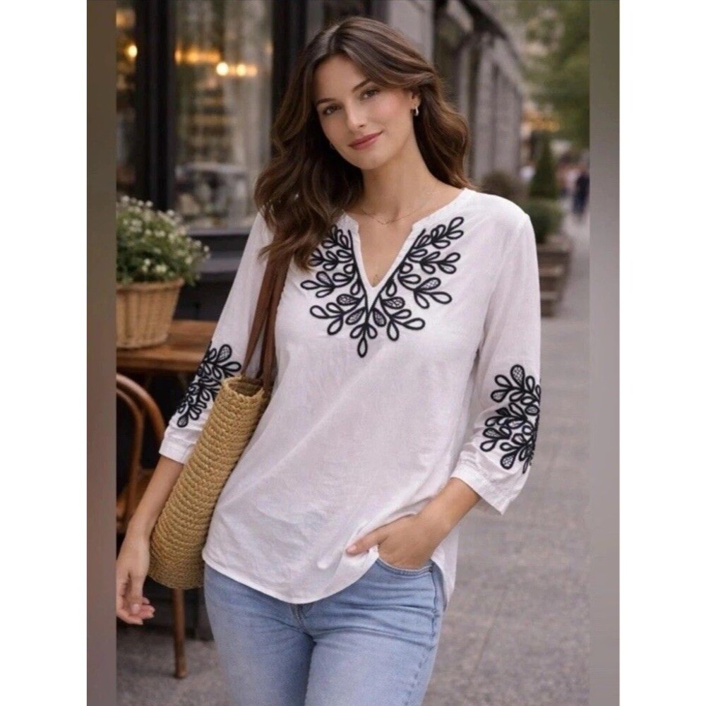 Talbots PETITES Linen/Cotton Embroidered Tunic Top White Black Size PS NWT